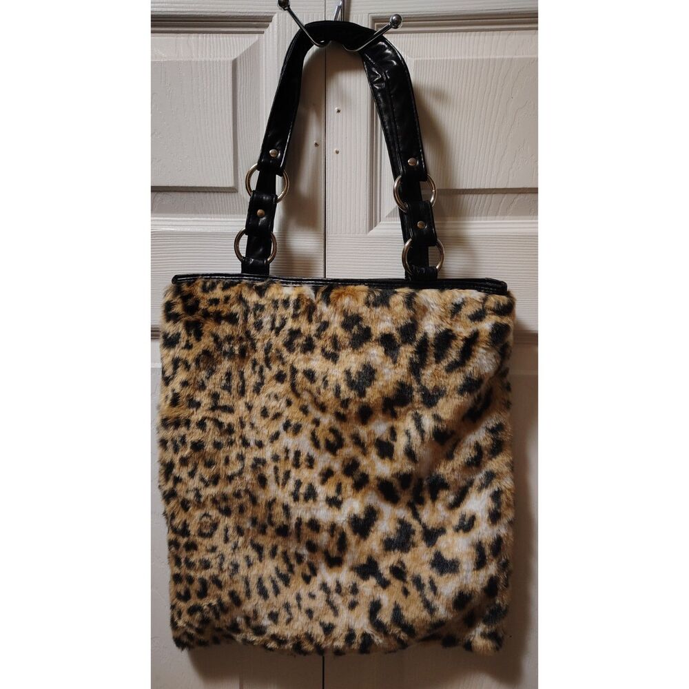 Fashion Express Leopard Print Faux Fur Tote Bag Shoulder Purse O-Ring Y2K Retro